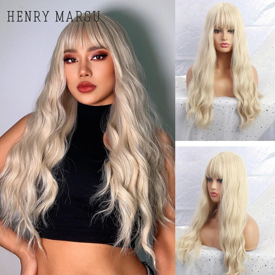 Pure Blonde Synthetic Hair Wigs Long Water Wave Wig for Women Colored Cosplay Lolita Wig with Bangs Heat Resistant - Deanwangkt