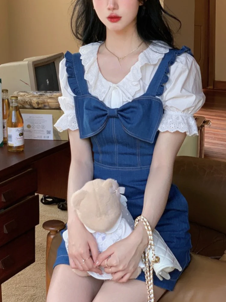 deanwangkt Piece Dress Set Women Fashion Suits Y2k Mini Dress + Casual Blouse Kawaii Clothing Elegant Denim Jean Dress Female  Summer - Deanwangkt