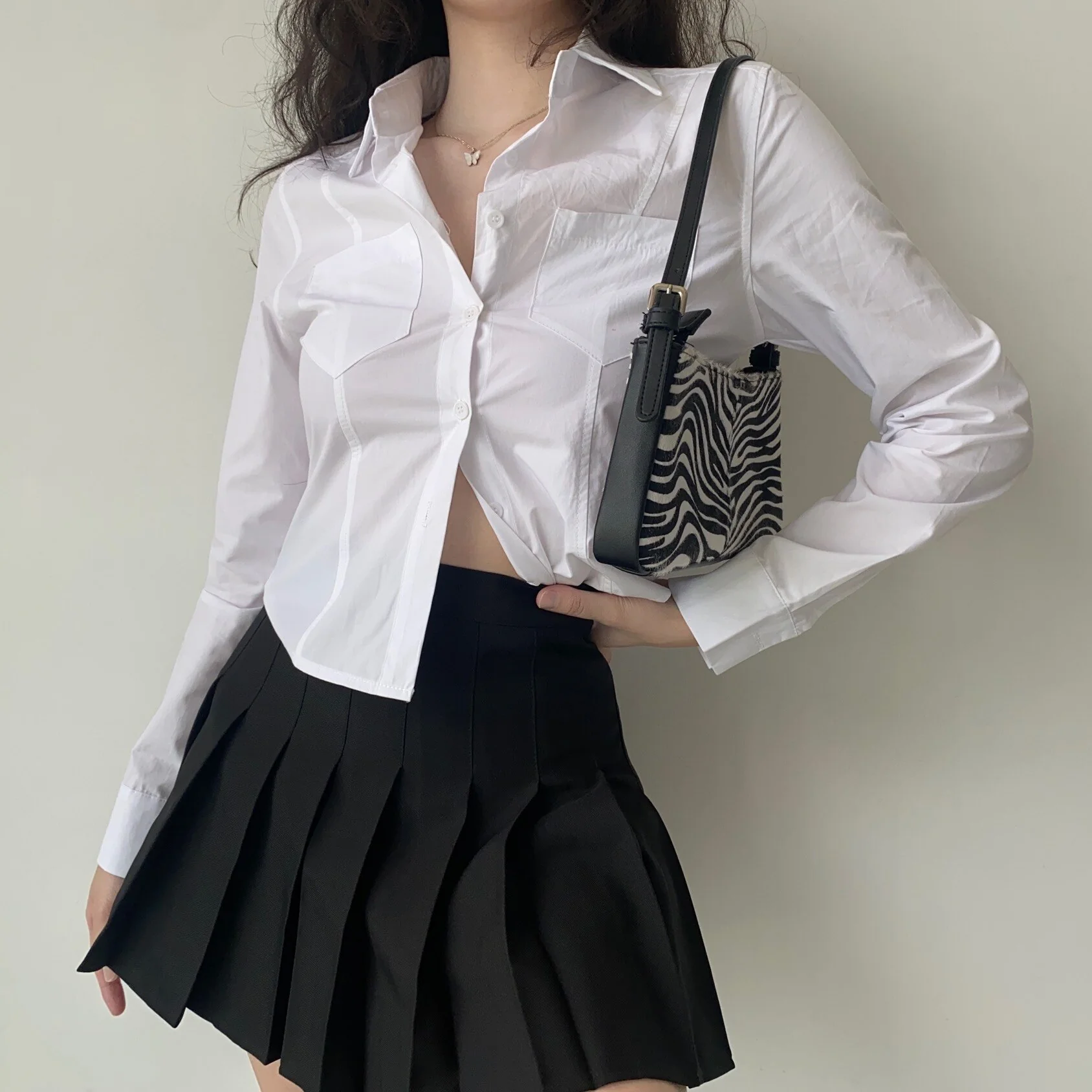 deanwangkt Korean Fashion White Shirts Double Pocket Long Sleeve Solid Shirt Women Japanese Preppy Style Blouse Lapel Collar Tops - Deanwangkt