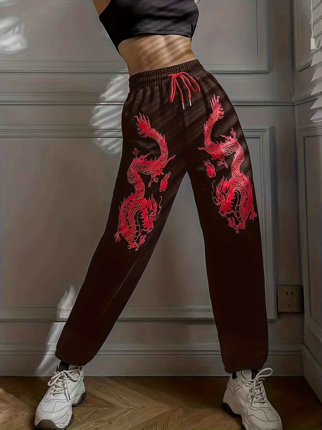 deanwangkt-1  Dragon Print Drawstring Waist Sweatpants, Casual Pants For Spring & Fall, Women's Clothing - Deanwangkt