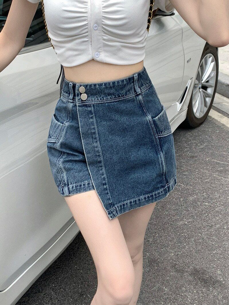 deanwangkt Y2K Vintage Women Korean Button Blue Short Denim Pants Mini Shorts Aesthetic Fairy Grunge High Waist Jeans A-line Alt Clothes - Deanwangkt