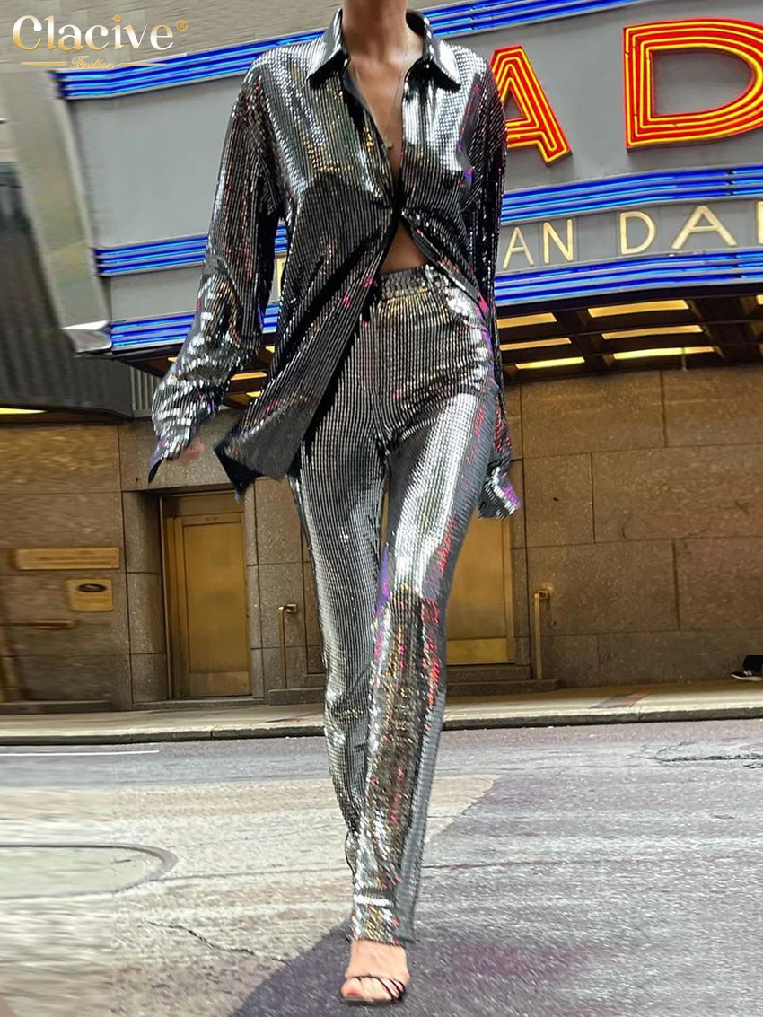 deanwangkt Fashion Loose Sliver Two Piece Sets Womens Outifits Elegant Lapel Long Sleeve Blouse With High Waist Pants Set Party - Deanwangkt