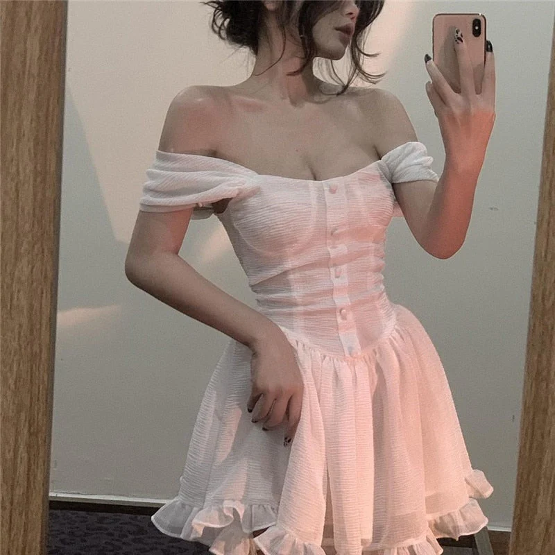 deanwangkt Sexy Summer Short Sleeve Dress Women Casual Ruffle Elegant Fashion Dresses One Word Collar Off Shoulder Party Beach Dress - Deanwangkt