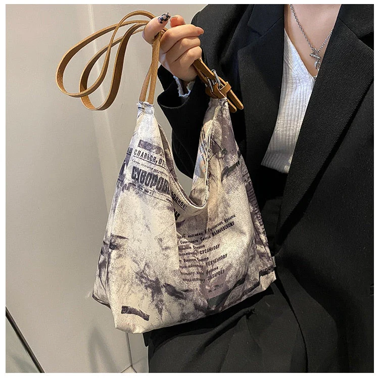 deanwangkt New Shoulder Bag For Women Newspaper Print Oxford Handbags PU Leather Straps Bucket Bag Ladies Tote Bag Hand Bags Bolsos - Deanwangkt