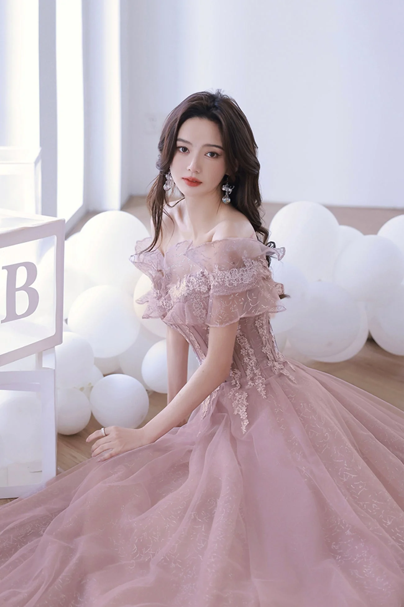 solvbao Off the Shoulder Lace Long Prom Dress, Pink A-Line Evening Dress - Deanwangkt