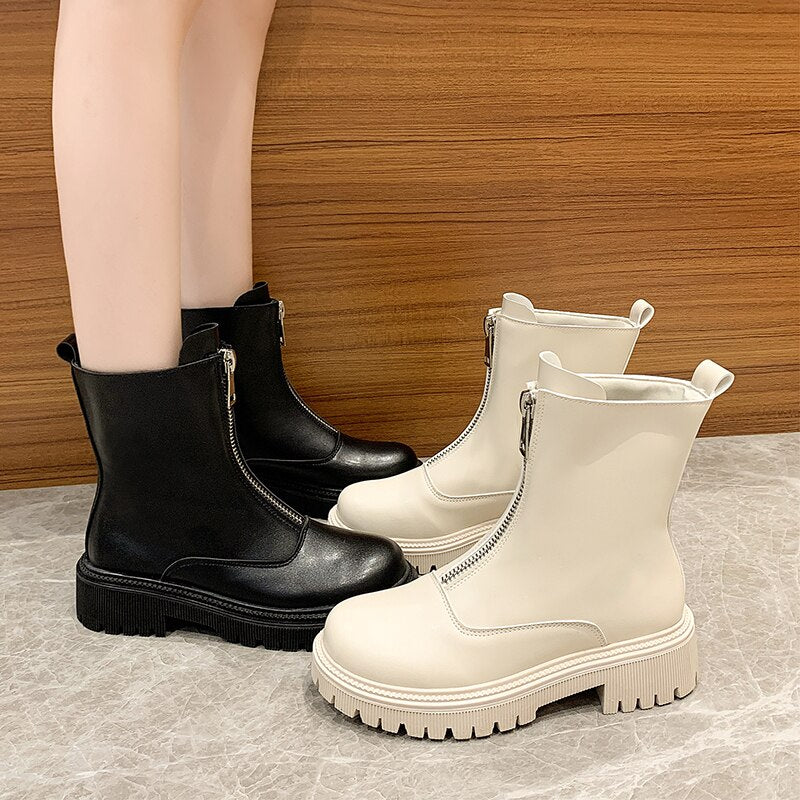 DEANWANGKT Christmas Gift New Front Zipper Chunky Platform Women's Boots Solid Black Beige Boots Women Round Toe High Heel Ankle Boots for Women Eu 35-40 - Deanwangkt