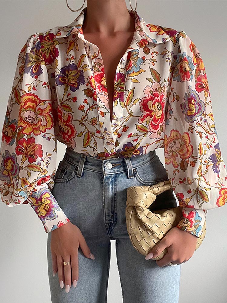 deanwangkt Women's Floral Print Puff Sleeve Shirt Female Elegant Casual V Neck Shirts Spring Summer Fashion Office Ladies Tops Blouses - Deanwangkt