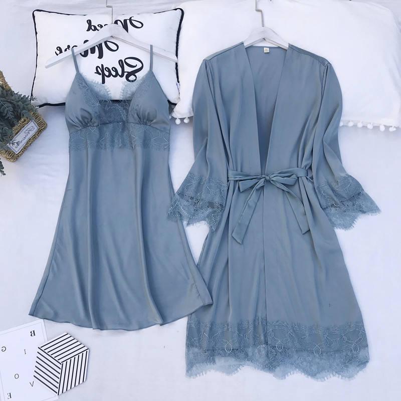 5PCS Pajamas Set Silk Satin Womens Lace Nightwear Spring Strap Pyjamas Suit Female Lounge Sleepwear with Chest Pads Home Wear - Deanwangkt