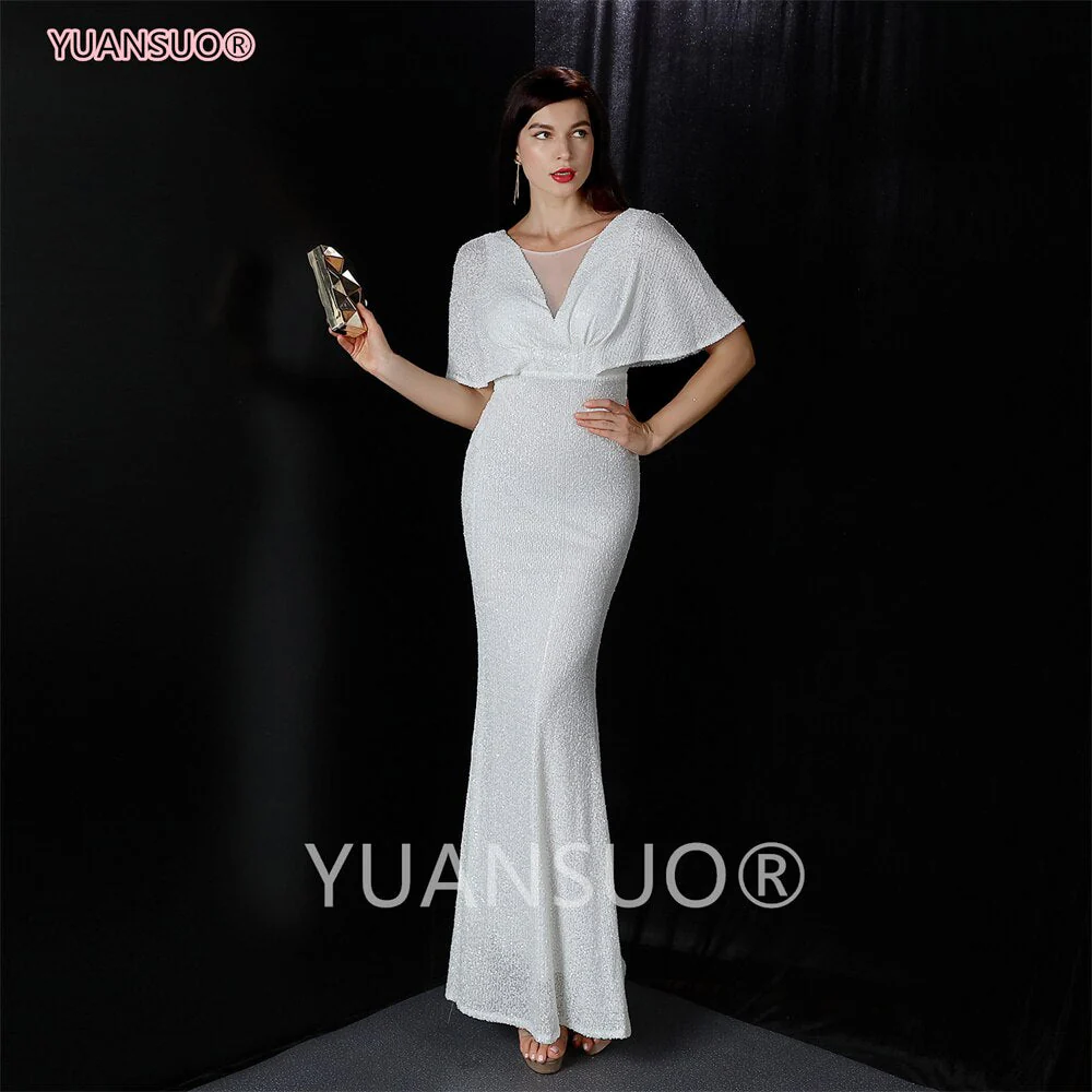 DEANWANGKT Golden Evening Dresses Mermaid Short Sleeves Sexy V Neck Evening Gown Elegant Glitter Bat Sleeves Formal Party Dress - Deanwangkt