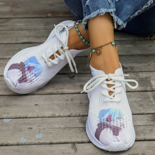deanwangkt - White Casual Sportswear Daily Frenulum Printing Round Mesh Breathable Comfortable Out Door Shoes - Deanwangkt