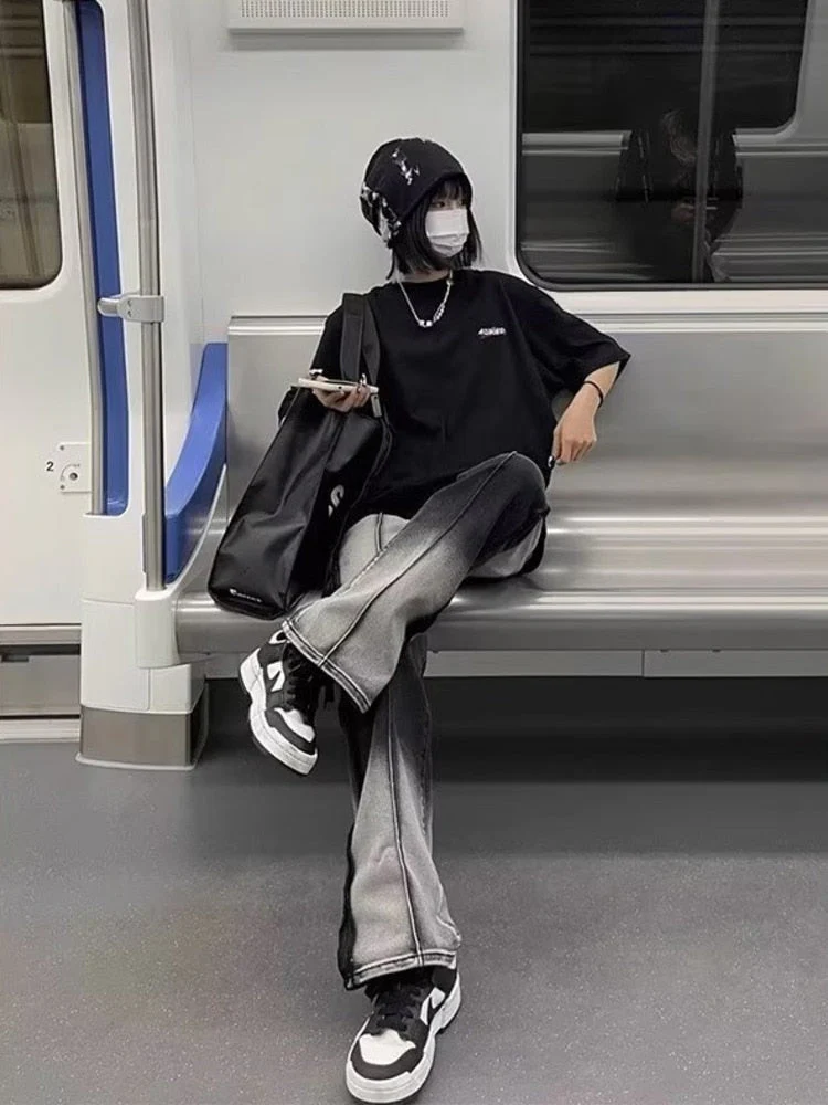 deanwangkt Spliced Jeans With Old Zippers, High Street Insets, Trendy Gradient Straight Tube Loose Wide Leg Pants, Children's Jeans - Deanwangkt