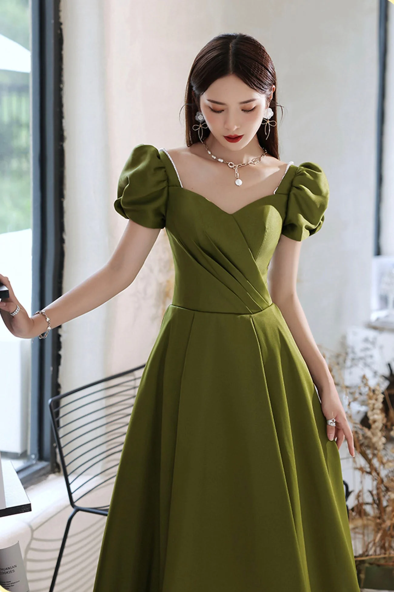 solvbao Green Saitn Long Prom Dresses, A-Line Evening Dresses - Deanwangkt