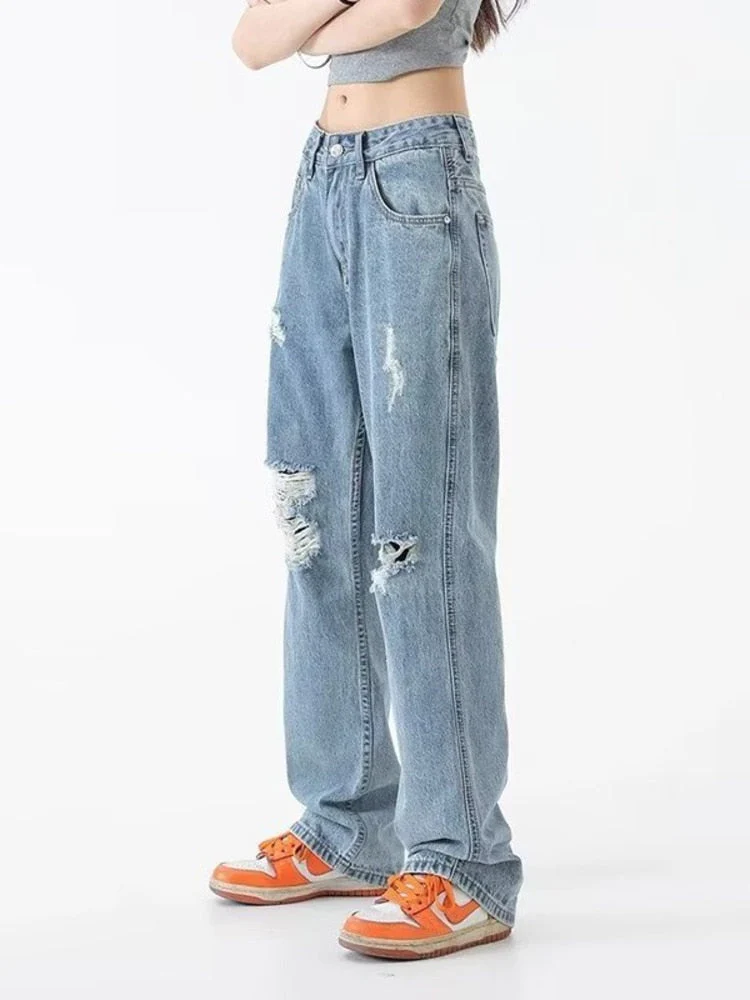 deanwangkt Perforated Jeans, Summer Thin High Street Trendy Brand, Handsome And Loose Fitting Straight Casual Sports Pants, Women's Jeans - Deanwangkt