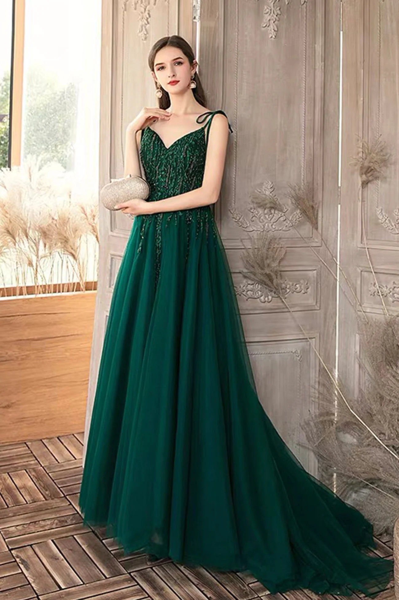 solvbao Green V-Neck Lace Long Prom Dresses, A-Line Evening Dresses - Deanwangkt