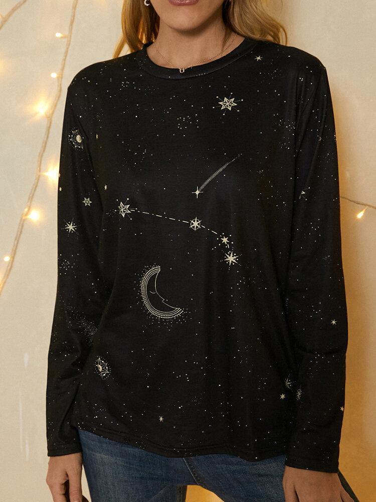 deanwangkt Aries Print Round Neck Casual Long Sleeve Blouses For Women - Deanwangkt