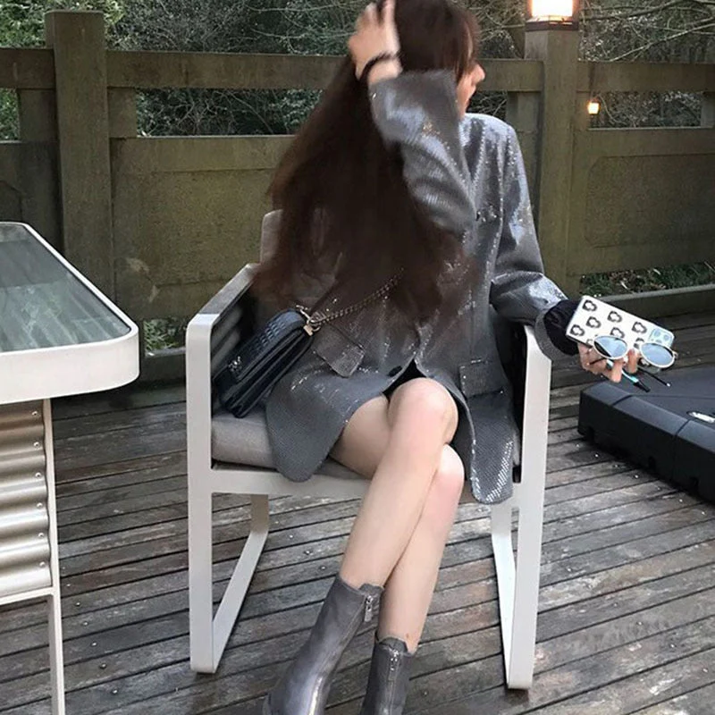 deanwangkt Lucyever Korean Fashion Shiny Sequin Blazer Women Luxury Bling Bling Long Sleeve Jacket Woman Streetwear Temperament Loose Coat - Deanwangkt