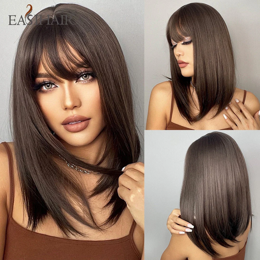 deanwangkt  Short Straight Bob Wigs With Bang Golden Brown Natural Synthetic Hair For Women Daily Cosplay Heat Resistant Fiber Wigs - Deanwangkt