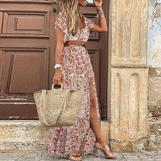 Retro Maxi Dress Women V Neck Short Sleeve Dress Female Floral Print Belt Beach Holiday Long Split Dresses Ladies Elegant Robe - Deanwangkt
