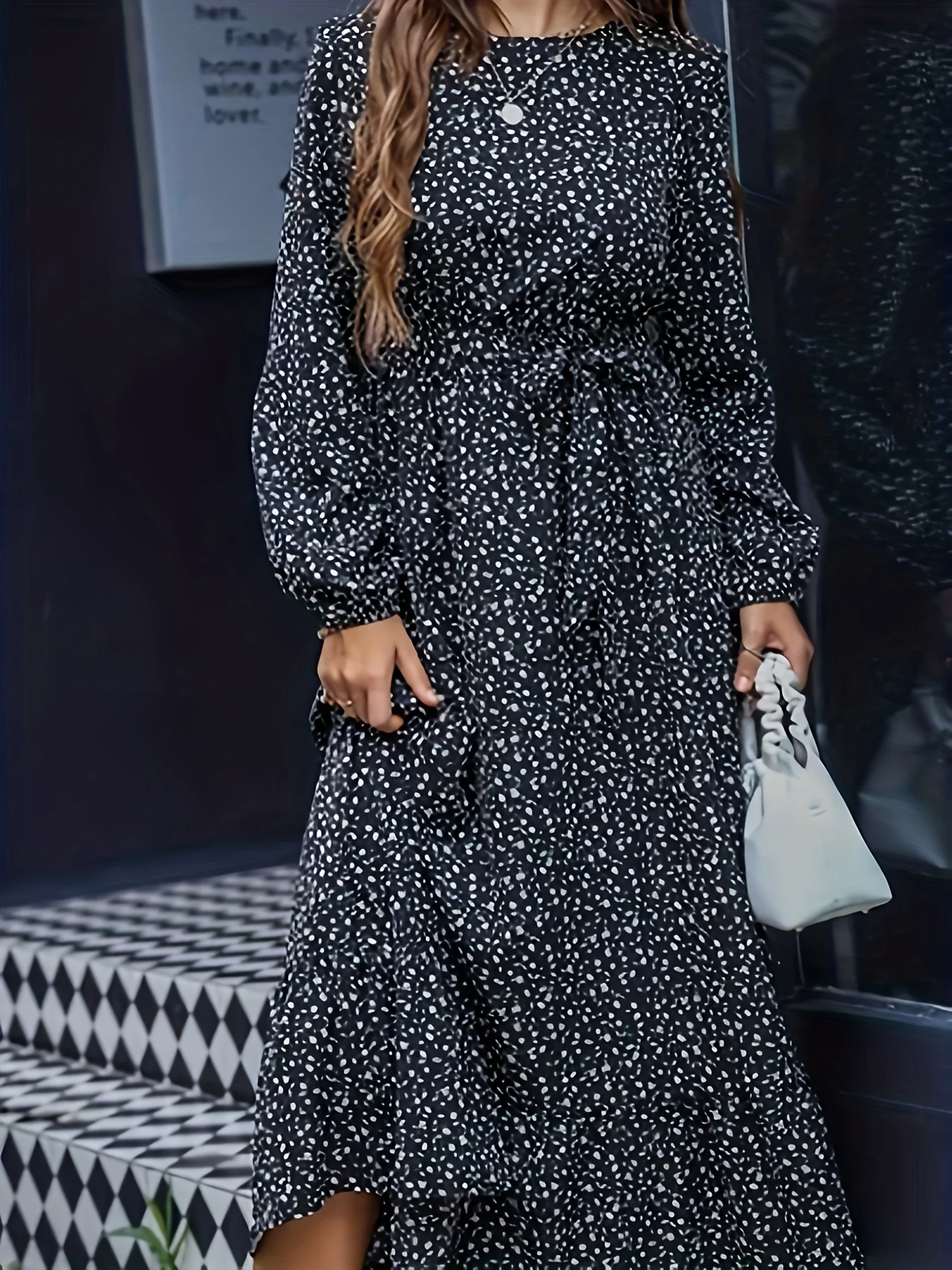 deanwangkt-1  Floral Print Crew Neck Dress, Elegant Long Sleeve Midi Dress, Women's Clothing - Deanwangkt