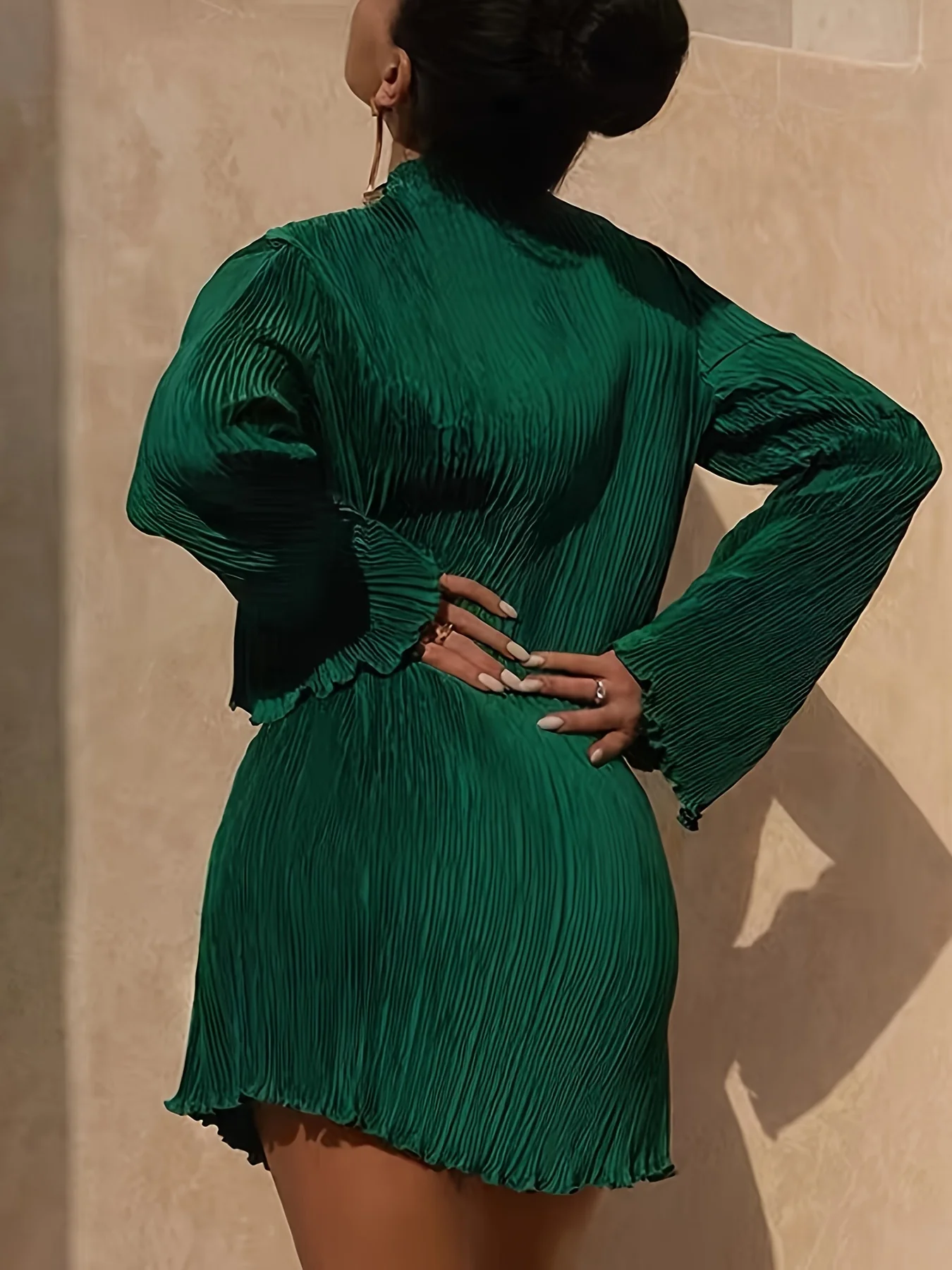 Lettuce Trim Textured Dress, Elegant Solid Flared Sleeve Dress, Women's Clothing - Deanwangkt