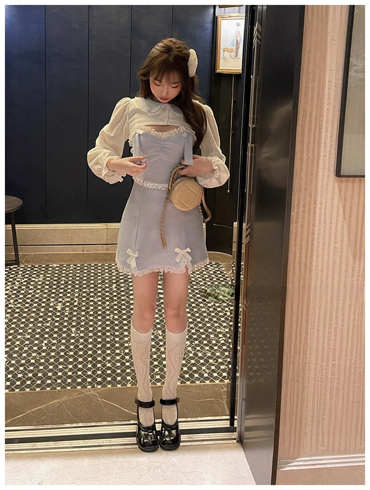 deanwangkt Lace Japanese Sweet Lolita Dress Women Bow Pink Kawaii Party Mini Dresses Female Blue Princess Korean Fashion Dresse Winter - Deanwangkt