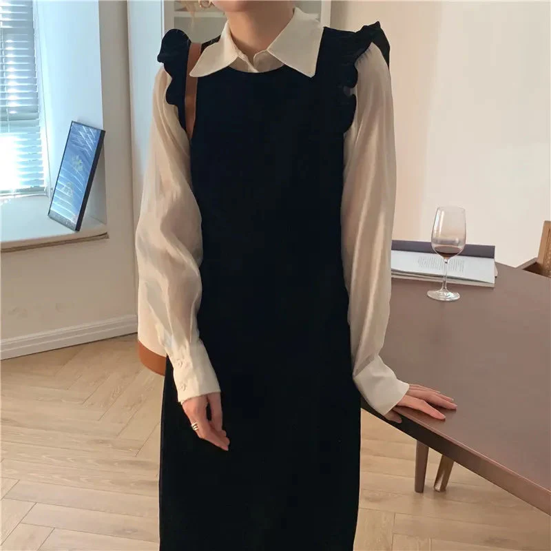 Joskka  New Women Spring Autumn Dresses Fashionable Elegant High Waist Vintage  Korean Style Velvet Sleeveless Long Dress - Deanwangkt