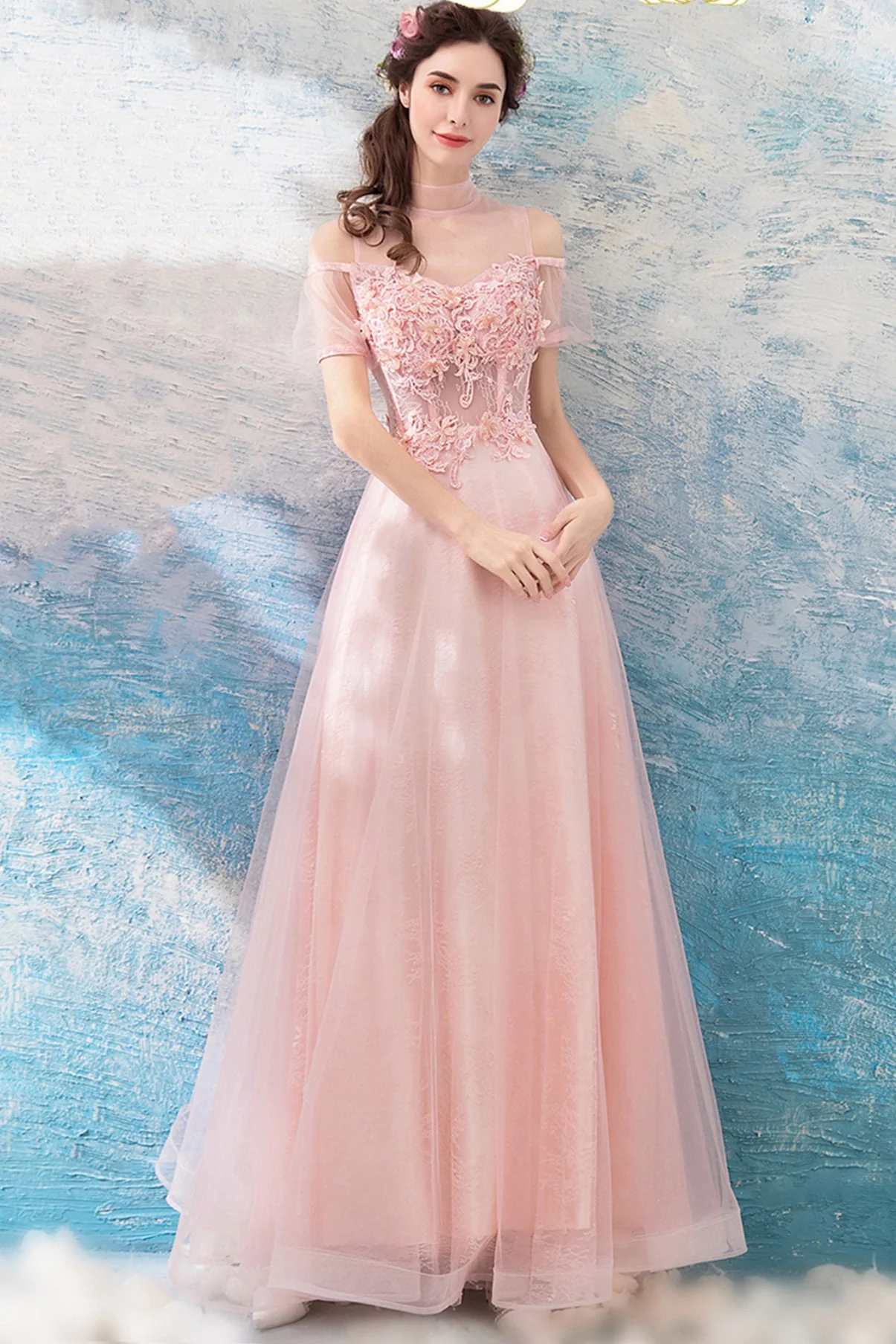 solvbao Pink Lace Long A-Line Prom Dresses, Lovely Pink Evening Dresses - Deanwangkt
