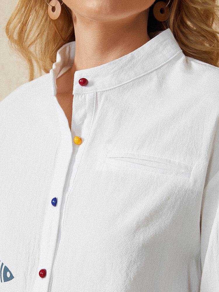 deanwangkt Cartoon Fish Print Button Stand Collar Long Sleeve Casual Blouse For Women - Deanwangkt