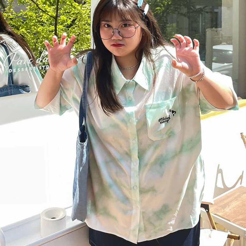 deanwangkt Women Plus Size Shirt Kawaii Print Cute Harajuku Polo Collar Blouses Oversize Korean Casual Pink Tops Unisex Clothes - Deanwangkt