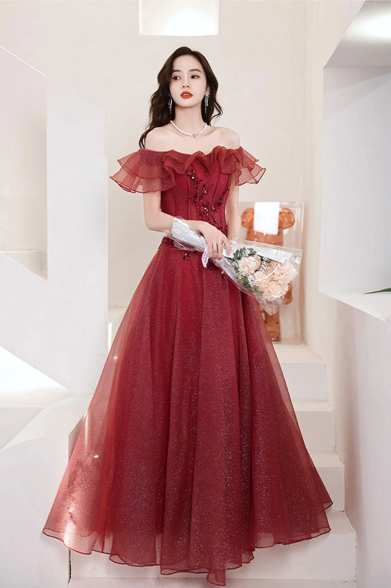 solvbao Burgundy Off the Shoulder Tulle Long Formal Dresses, A-Line Evening Dresses - Deanwangkt