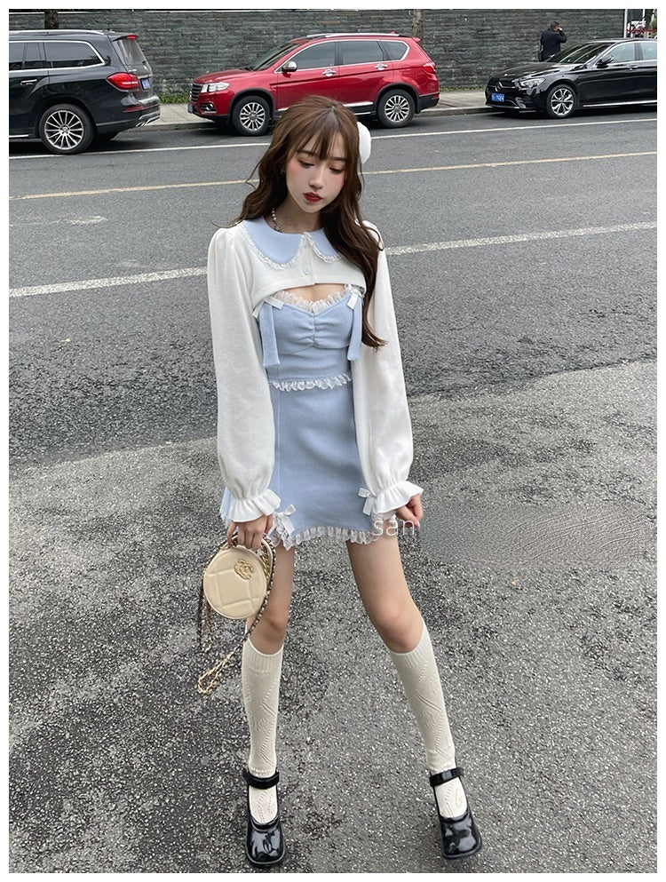 deanwangkt Lace Japanese Sweet Lolita Dress Women Bow Pink Kawaii Party Mini Dresses Female Blue Princess Korean Fashion Dresse Winter - Deanwangkt