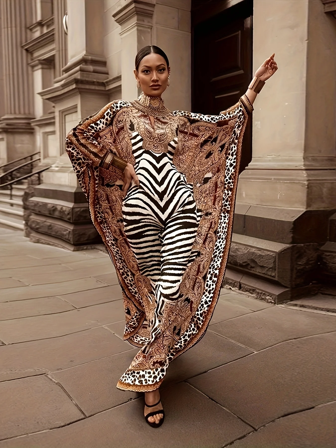 Plus Size Boho Kaftan Dress, Women's Plus Zebra & Paisley Print Batwing Sleeve Notched Neck Maxi Split Dress - Deanwangkt