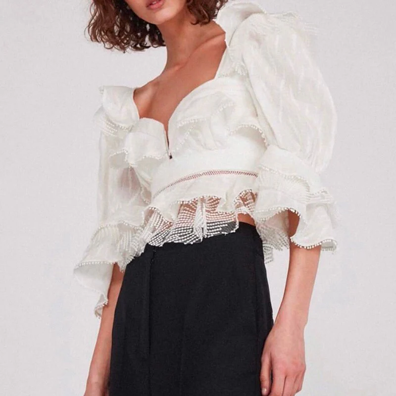 deanwangkt Ruffle Lace Blouse Women White Shirt  Autumn Sexy Ladies Square Neck Tops Puff Sleeve Korean Fashion Clothing - Deanwangkt
