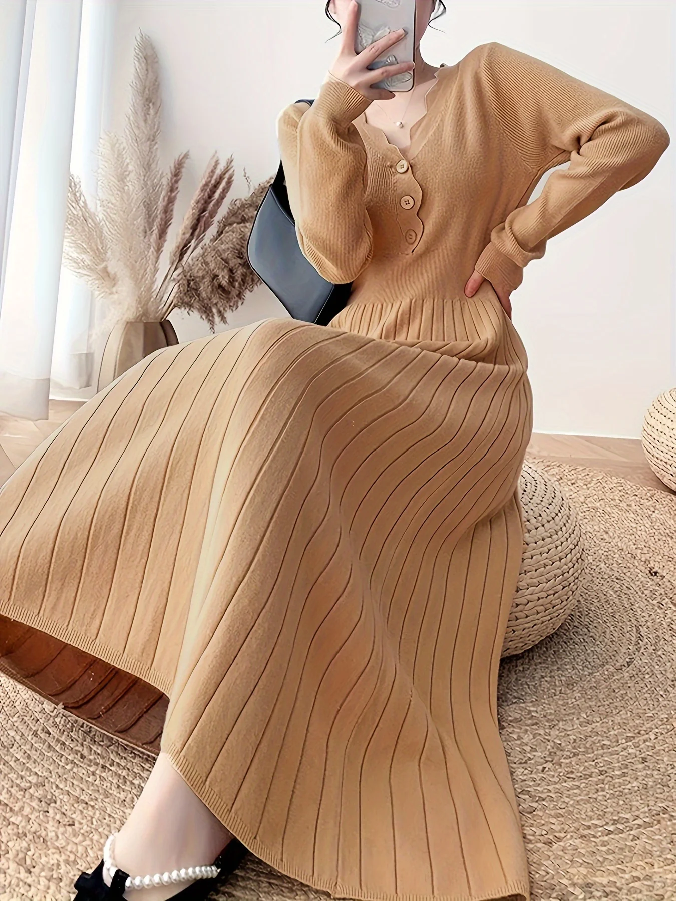 Button Front Solid Midi Dress, Elegant V Neck Long Sleeve Dress, Women's Clothing - Deanwangkt