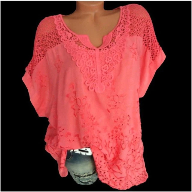 Large Size Loose Short-Sleeved Lace Women Blouses Cotton Blouses  Summer Shirt Tops Sexy Fashion Women Shirt - Deanwangkt