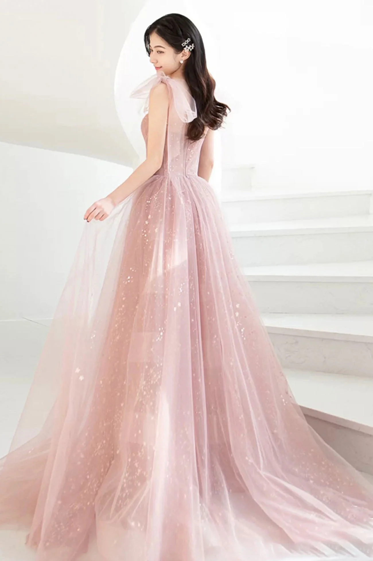 solvbao Pink Tulle Long A-Line Prom Dresses, Pink Evening Dresses - Deanwangkt