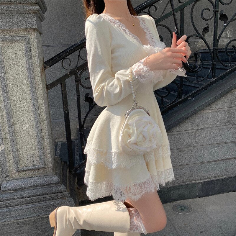 deanwangkt Women Sweet Lolita Dress Chic V-neck Knitted Patchwork Lace Ruffles Long Sleeve Princess Mini Dress Sexy Gothic Slim Party Dress - Deanwangkt