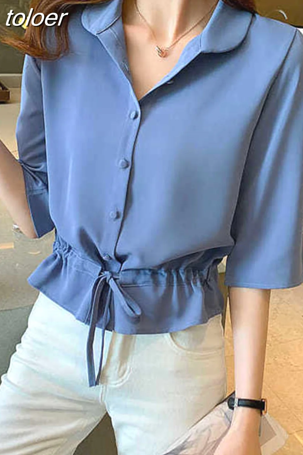 deanwangkt Solid Turn-down Collar Half Sleeve Chiffon Shirt Fashion Casual Shirring Single-breasted Blouses Female 1109-1 - Deanwangkt