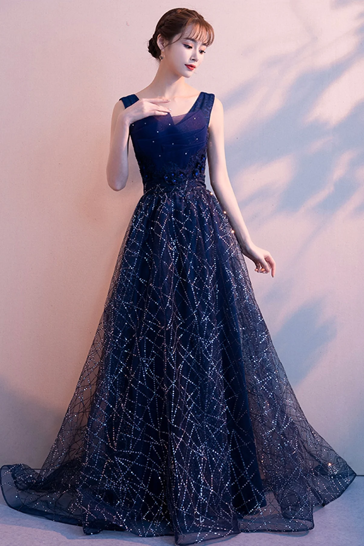 solvbao Blue Tulle Lace Long Prom Dresses, A-Line Evening Dresses - Deanwangkt