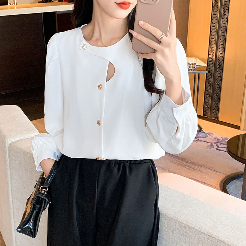 deanwangkt Casual Hollow Shirt Elegant Office Lady Tops Autumn Long Sleeve Blouse Fashion Chic Round Collar Solid Loose Women Clothes - Deanwangkt