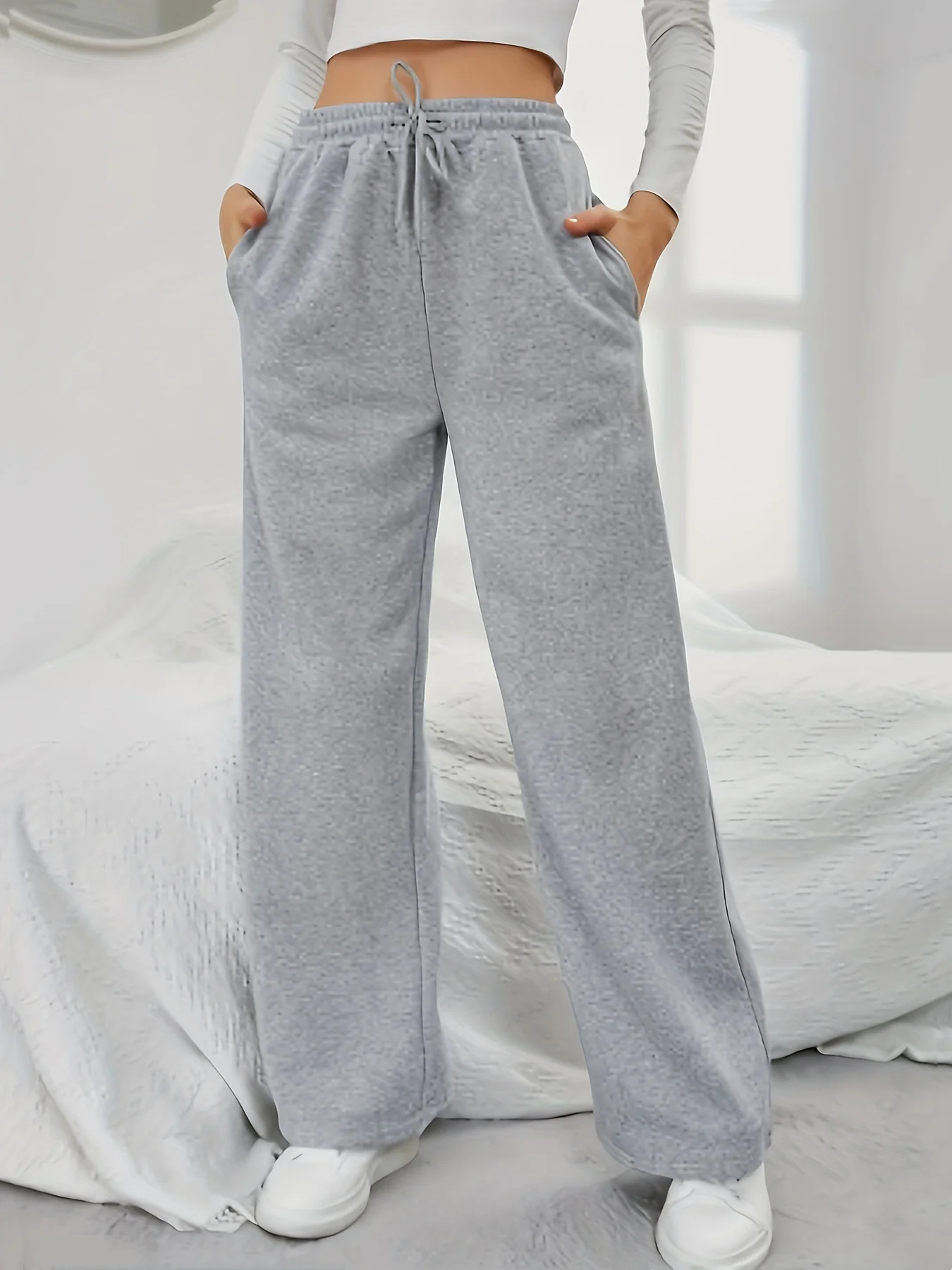 Solid Drawstring Wide Leg Pants, Casual Dual Pockets Pants, Women's Clothing - Deanwangkt