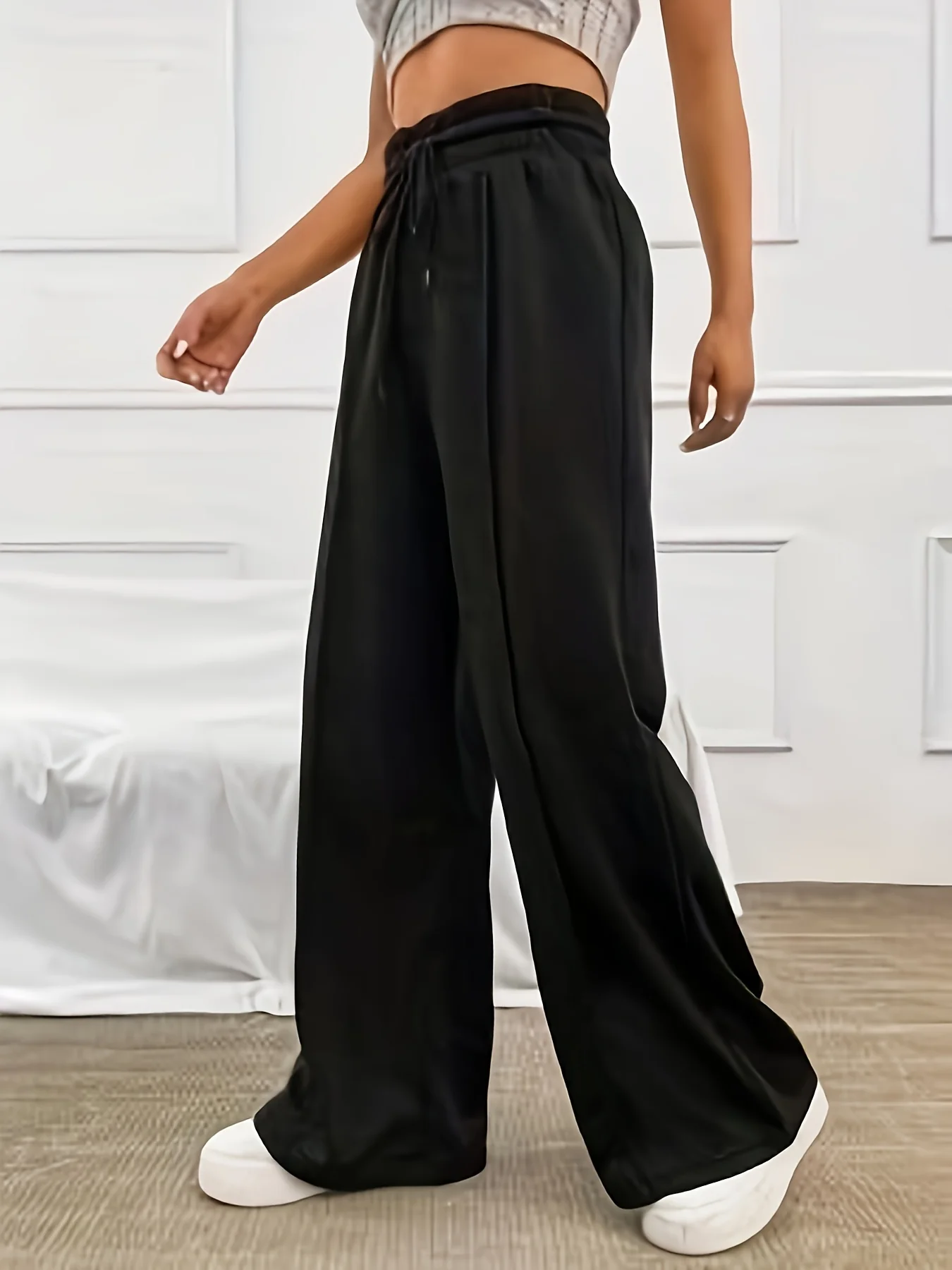 Solid Wide Leg Pants, Casual Tie Waist Long Pants For Spring & Summer, Women's Clothing - Deanwangkt