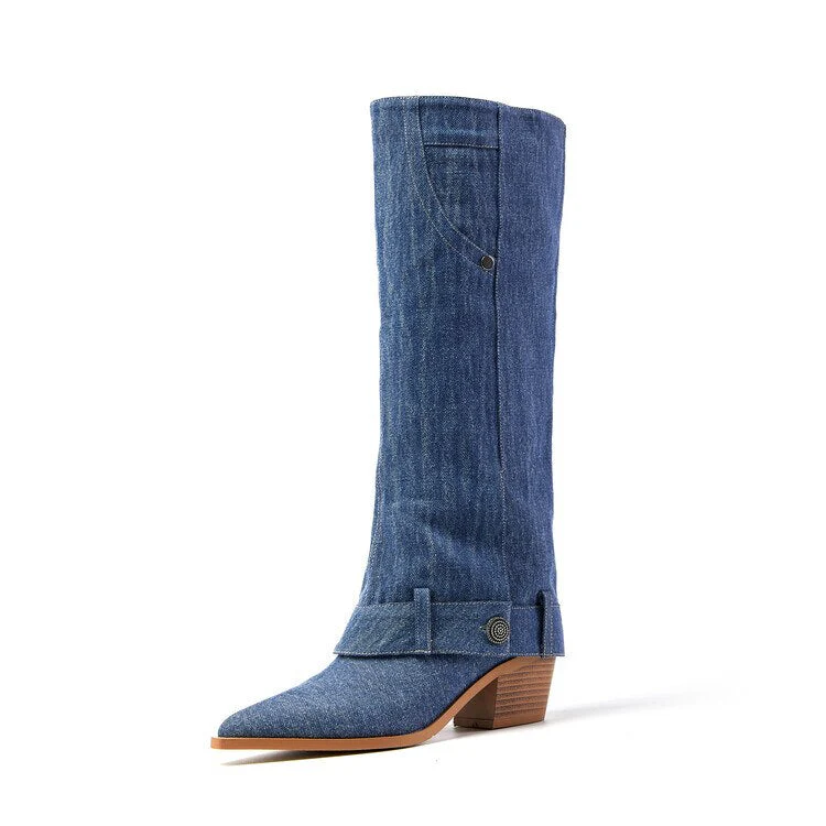 deanwangkt Autumn Boots     Autumn Boots Women Jean Shoes for Women Pointed Toe Chunky Heel Women Boots Fashion Knee-High Boots Retro Long Boots botas mujer - Deanwangkt