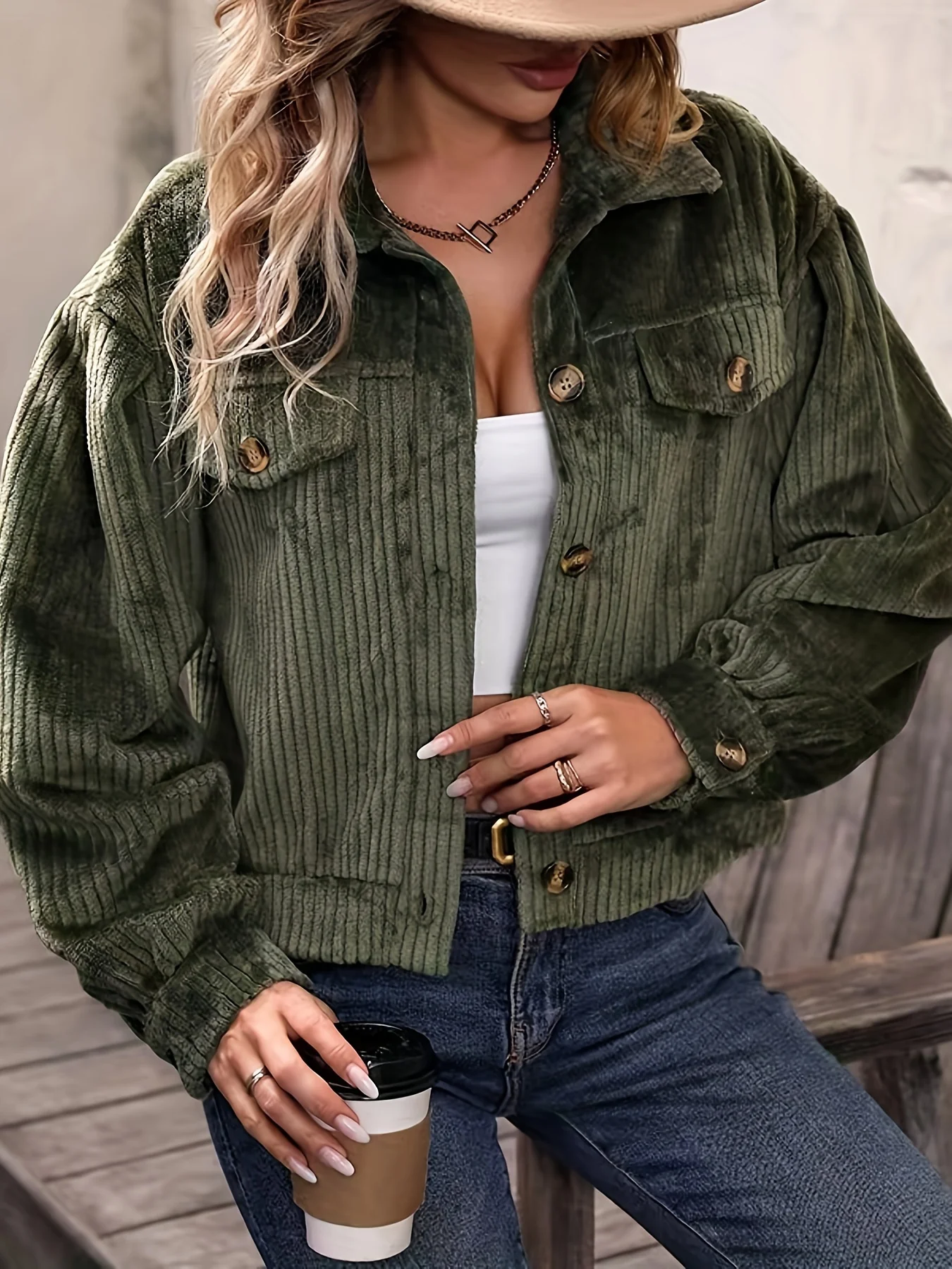 Solid Corduroy Button Front Jacket, Casual Long Sleeve Outwear For Spring & Fall, Women's Clothing - Deanwangkt