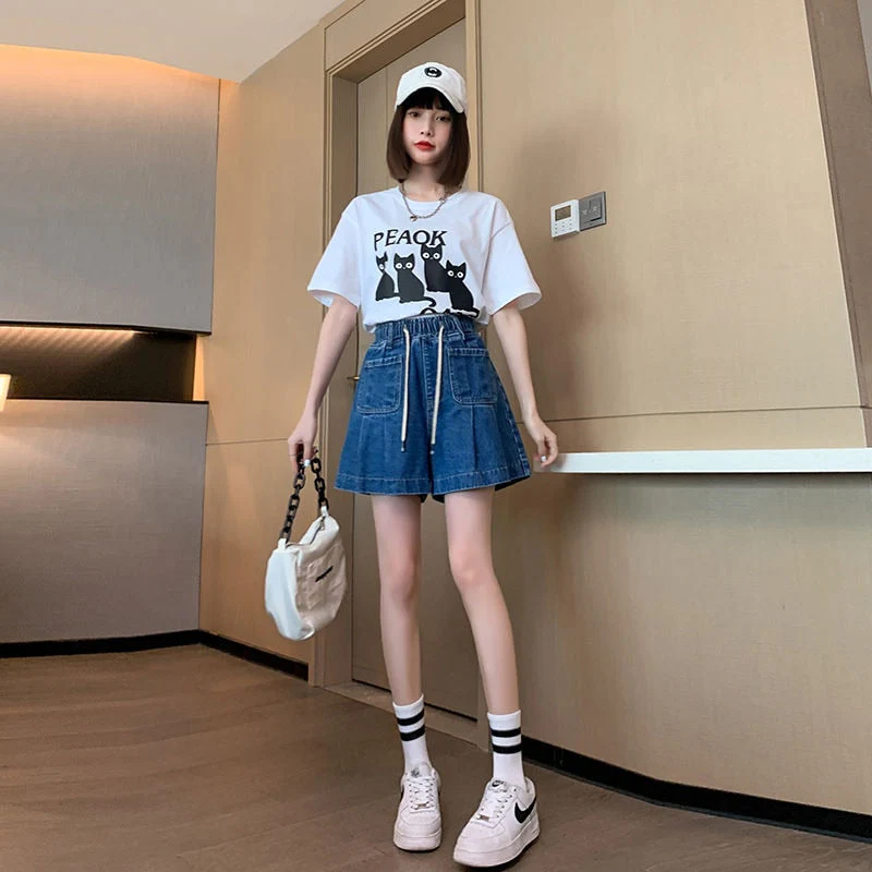 deanwangkt Y2K Summer Women Vintage Blue Korean Denim Shorts High Waist Knee Length Wide Leg Baggy Pockets Short Pants Harajuku Clothes - Deanwangkt