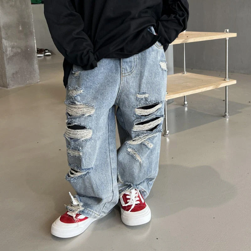 deanwangkt Spring Kids Trousers Boys Fashion Ripped Jeans Baby Girls Loose Casual Denim Pant - Deanwangkt
