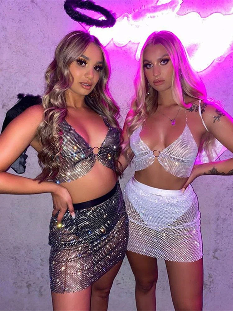 deanwangkt  Sexy Crop Top Women Two Piece Set Festival Beach Club Outfits Party Tank Top T Shirt Woman Halter Rhinestones Tops Summer - Deanwangkt