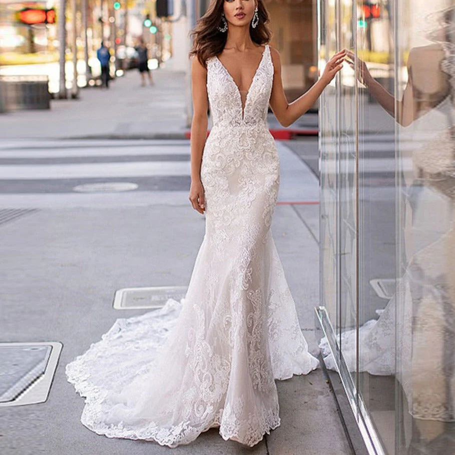 deanwangkt Sexy Deep V-Neck Wedding Dresses Sleeveless Mermaid Lace Appliqued Beach Bridal Gowns Bride Dresses Vestidos De Novia - Deanwangkt
