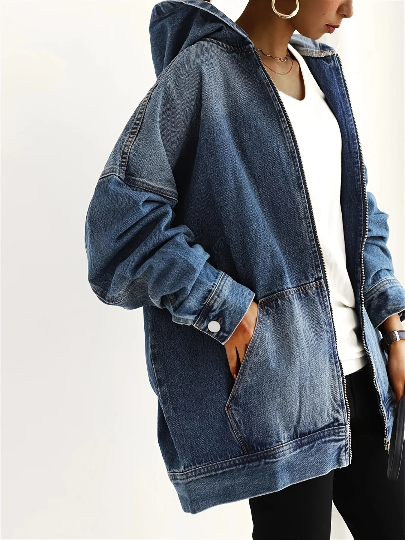 Long Sleeves Hooded Denim Jacket, Full Zipper With Front Pocket Denim Coat, Women's Clothing - Deanwangkt