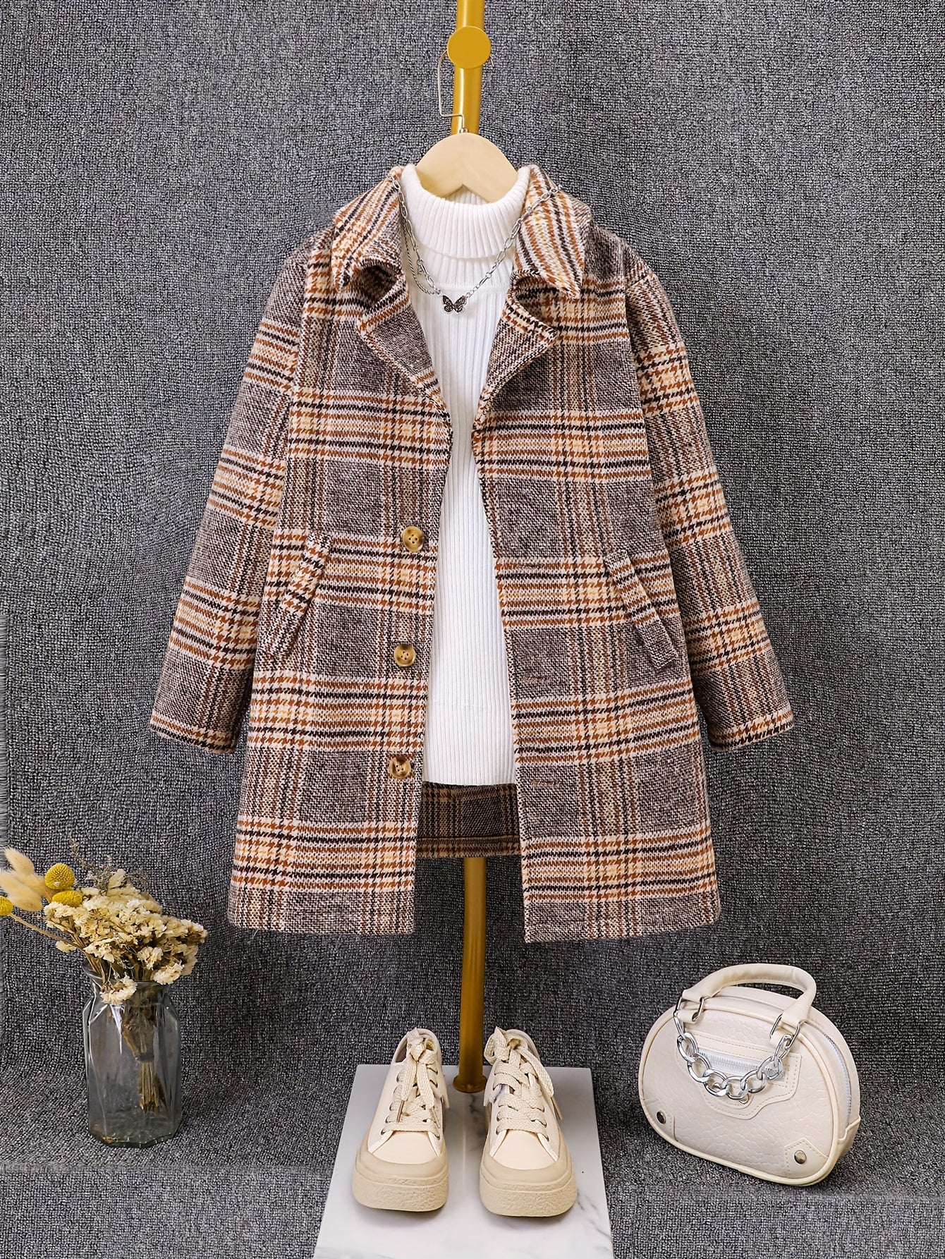 Girls Retro Plaid College Style Button Lapel Faux Woolen Jacket Overcoat, Autumn And Winter - Deanwangkt